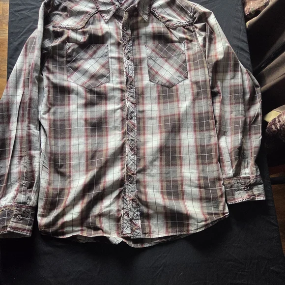 Affliction Mens Red and Black Long Sleeve Plaid Button Down Shirt - Picture 7 of 7